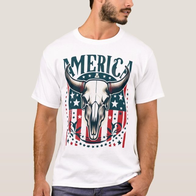 Amerikanische Kuhschädel 4. Juli Flagge T-Shirt (Vorderseite)