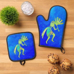 Amerikanische Kultur - Tanzen Kokopelli 6a Ofenhandschuh & Topflappen-Set
