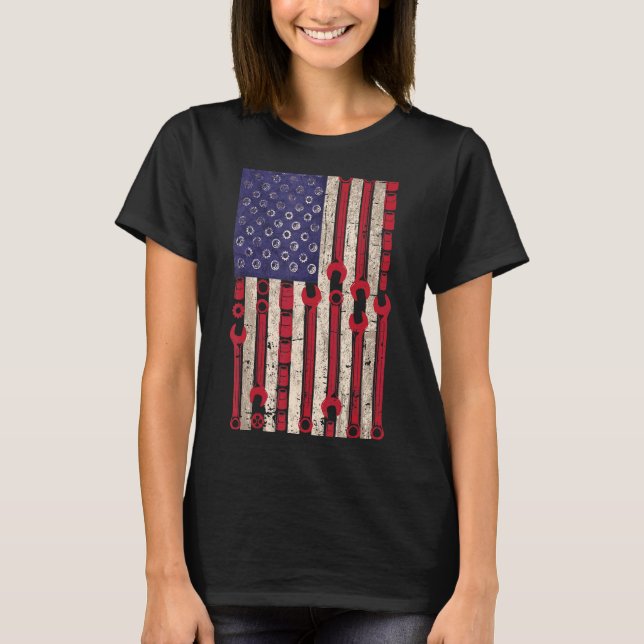 Amerikanische Mechanikflagge 4. Juli Patriotische  T-Shirt (Vorderseite)
