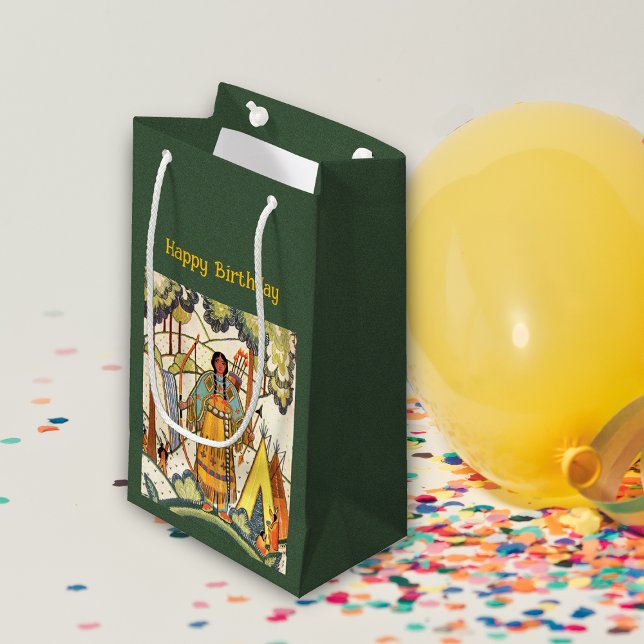 Amerikanische Muttersprache in besticktem Holz Kleine Geschenktüte (Native American scene in woods embroidered texture woman tepee green Birthday gift bag.)