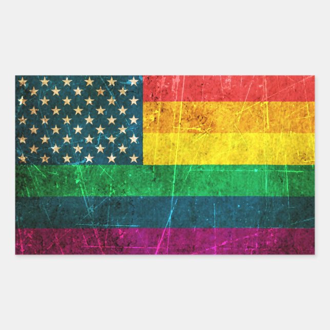 Amerikanische Regenbogenflagge mit Vintagem Gay Pr Rechteckiger Aufkleber (Vorderseite)