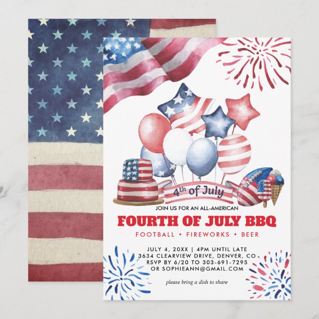 Amerikanische Unabhängigkeitstag GRILLEN Einladung (Vorne/Hinten)