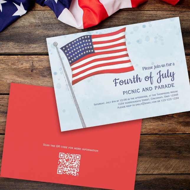 Amerikanische Unabhängigkeitstag Patriotic Red Whi Einladung (Fourth of July party invitation with red, white, and blue flag. )