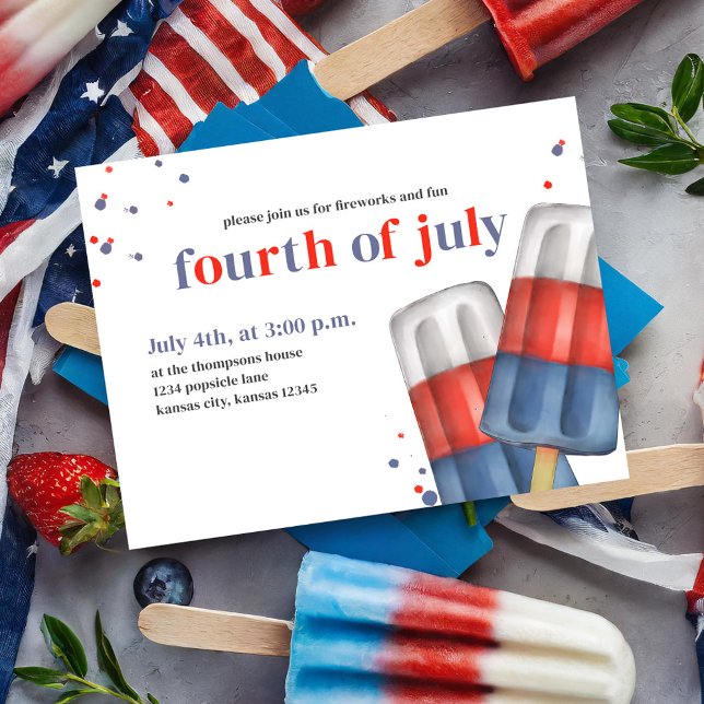 Amerikanische Unabhängigkeitstag Red White and Blu Postkarte (Fourth of July Red, White, and Blue summer party invitation postcard. )