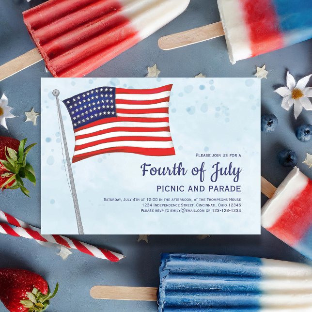 Amerikanische Unabhängigkeitstag Rot Weiß und Blau Einladung (Celebrate the Fourth of July in Style with this watercolor custom invitation. )