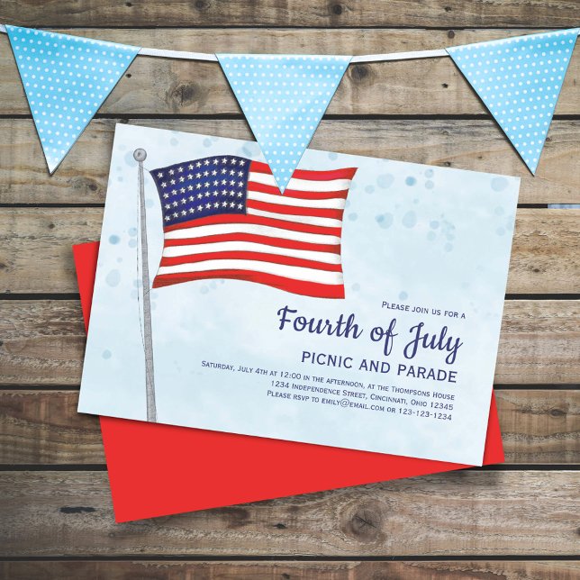 Amerikanische Unabhängigkeitstag Rot Weiß und Blau Einladung (Celebrate the Fourth of July in Style with this watercolor custom invitation. )