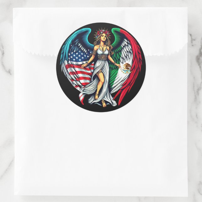 Amerikanische und mexikanische Flagge Angel woMan  Runder Aufkleber (Tasche)