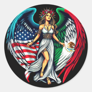 Amerikanische und mexikanische Flagge Angel woMan Runder Aufkleber