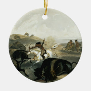 Amerikanische Ureinwohner Jagen des Bison, Platte Keramik Ornament