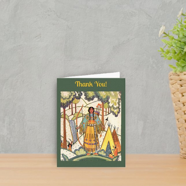 Amerikanische Ureinwohner Lady in Forest Tepee dun Dankeskarte (American Indian village in forest woman tepee embroidered look green Thank You Card.)