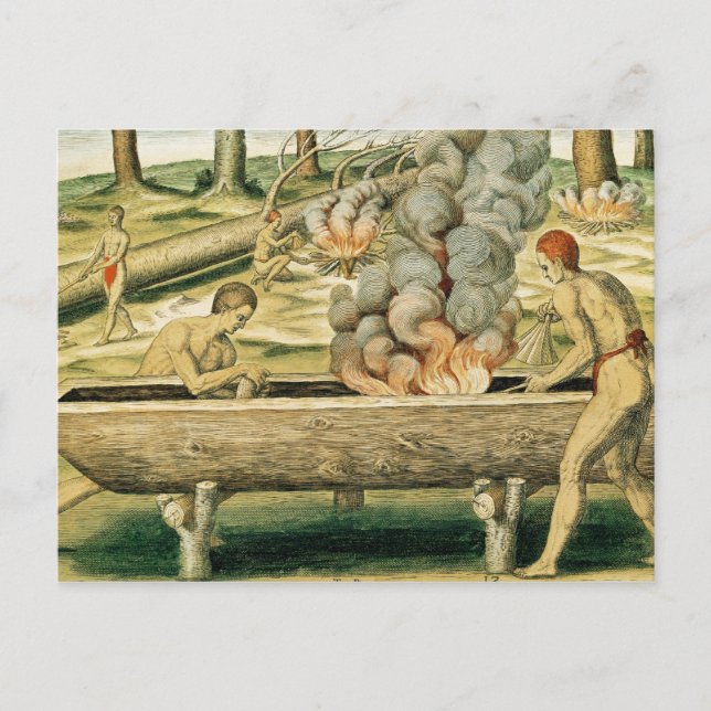Amerikanische Ureinwohner machen einen Dugout-Kanu Postkarte (Vorderseite)