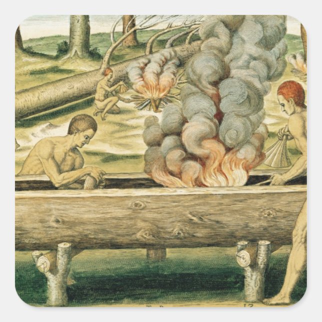 Amerikanische Ureinwohner machen einen Dugout-Kanu Quadratischer Aufkleber (Vorderseite)