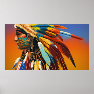 Amerikanische Ureinwohner Man feathathers Orange b Poster