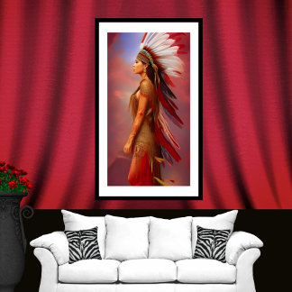 Amerikanische Ureinwohner Rot Gold Federn Blau Poster