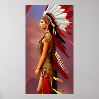 Amerikanische Ureinwohner Rot-Weiße Federn Gold Poster