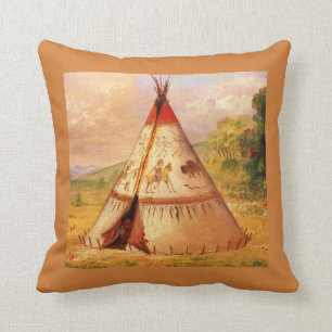 Amerikanische Ureinwohner Teepee und Landschaft, C Kissen