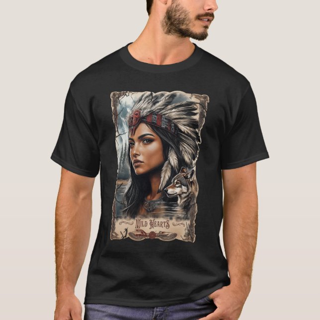 Amerikanische Ureinwohner und Wolf - Vintages Desi T-Shirt (Vorderseite)