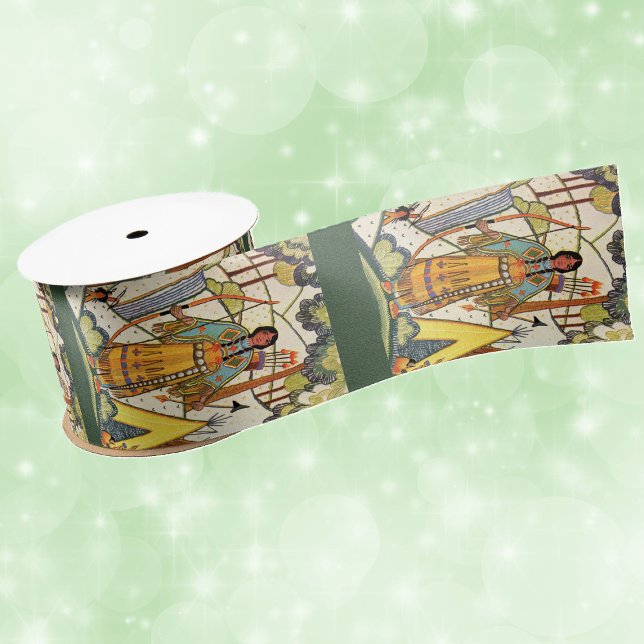 Amerikanische Ureinwohner Woman Woods Tepee Sticke Satinband (American Indian woman embroidery texture in woods by tepee on dark green craft or gift wrap ribbon.)