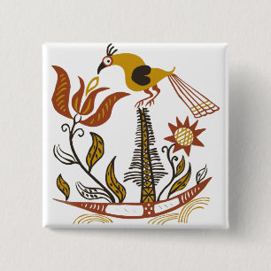 Amerikanische Vintage-Volkskunst Tulpen-Vogel in S Button