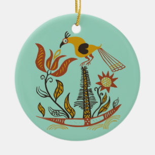 Amerikanische Vintage-Volkskunst Tulpen-Vogel in S Keramik Ornament