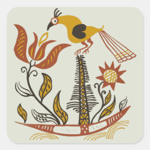 Amerikanische Vintage-Volkskunst Tulpen-Vogel in S Quadratischer Aufkleber