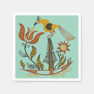 Amerikanische Vintage-Volkskunst Tulpen-Vogel in S Serviette