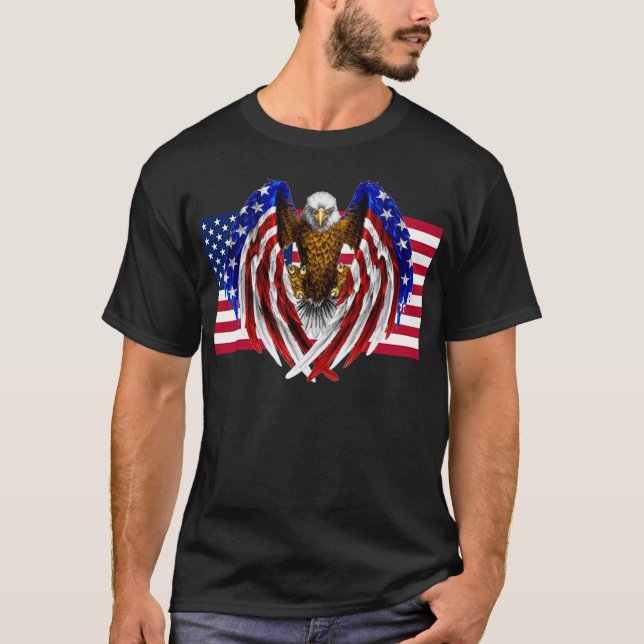 Amerikanischer Adler auf amerikanischer Flagge T-Shirt (Vorderseite)