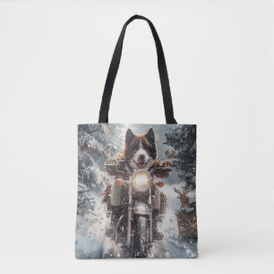 Amerikanischer Akita-Hund fährt Motorrad Weihnacht