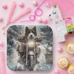 Amerikanischer Akita-Hund fährt Motorrad Weihnacht Pappteller