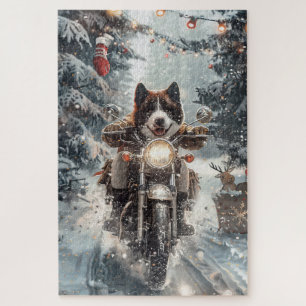 Amerikanischer Akita-Hund fährt Motorrad Weihnacht Puzzle