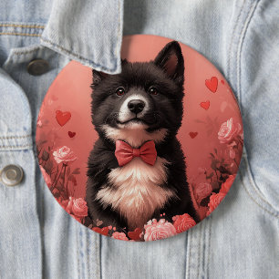 Amerikanischer Akita mit Rosen - Valentinstag Button