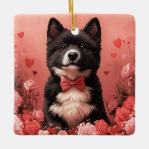 Amerikanischer Akita mit Rosen - Valentinstag Keramikornament