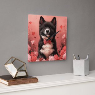 Amerikanischer Akita mit Rosen - Valentinstag Quadratische Wanduhr