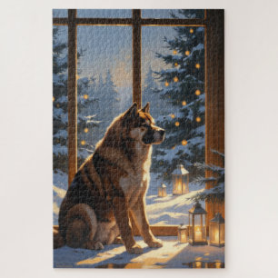 Amerikanischer Akita mit Weihnachtsbeleuchtung Fei Puzzle