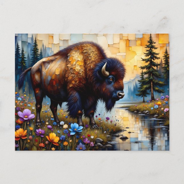 Amerikanischer Bison Blumenlandschaft Postkarte (Vorderseite)