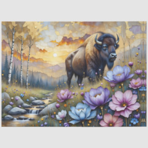 Amerikanischer Bison im blumigen Bergtal Seidenpapier