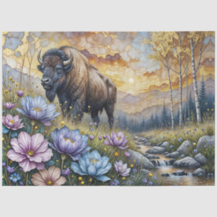 Amerikanischer Bison im blumigen Bergtal Seidenpapier