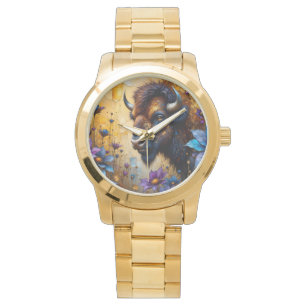 Amerikanischer Bison in texturiertem Blumenportrai Armbanduhr
