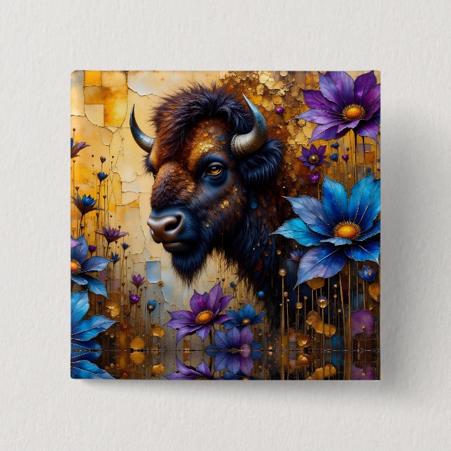 Amerikanischer Bison in texturiertem Blumenporträt Button (Vorderseite)