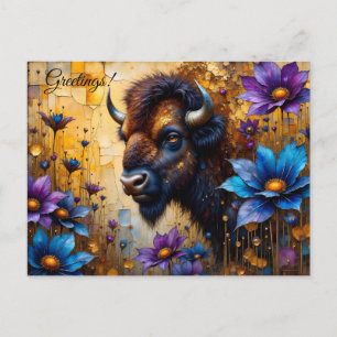 Amerikanischer Bison in texturiertem Blumenporträt Postkarte