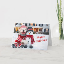 Amerikanischer Bulldog mit seiner Snowman-Karte Feiertagskarte