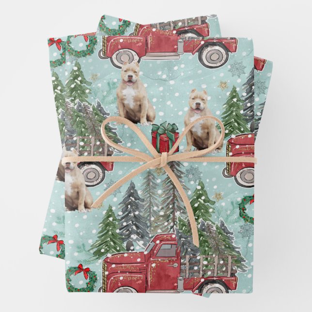 Amerikanischer Bullenhund Red Christmas Truck Fest Geschenkpapier Set (Beispiel)