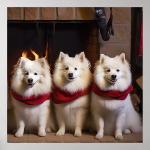 Amerikanischer Eskimo am Kamin Weihnachten Poster