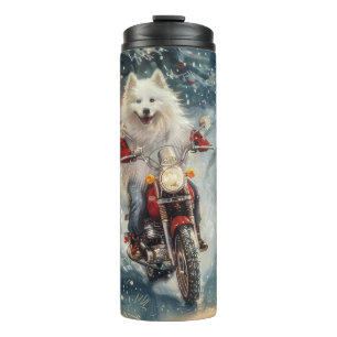 Amerikanischer Eskimo-Hund fährt Motorrad Weihnach Thermosbecher