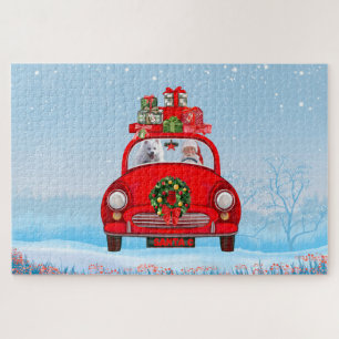 Amerikanischer Eskimo Hund in Auto mit dem Weihnac Puzzle