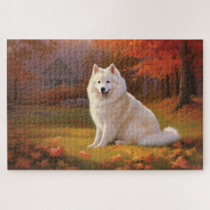 Amerikanischer Eskimo Hund in herbstlichen Laub in Puzzle