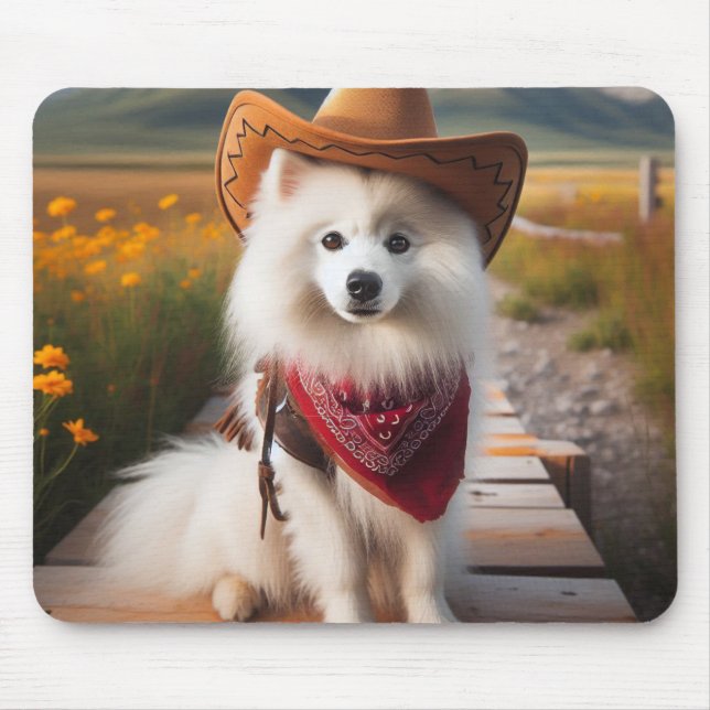 Amerikanischer Eskimo-Hund mit Cowboy-Hut Brown Mousepad (Vorne)