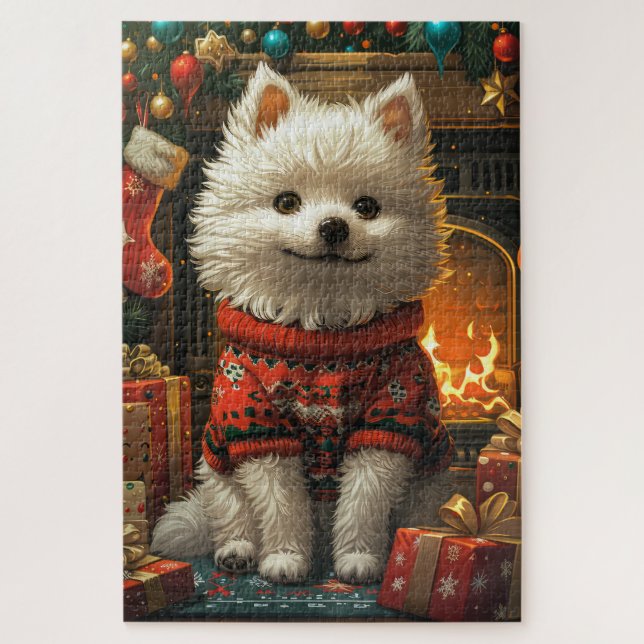 Amerikanischer Eskimo Hund mit Weihnachtsgeschenke Puzzle (Vertikal)