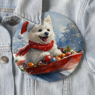 Amerikanischer Eskimo im Schlitten Lass es schneie Button
