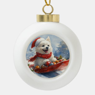 Amerikanischer Eskimo im Schlitten Lass es schneie Keramik Kugel-Ornament